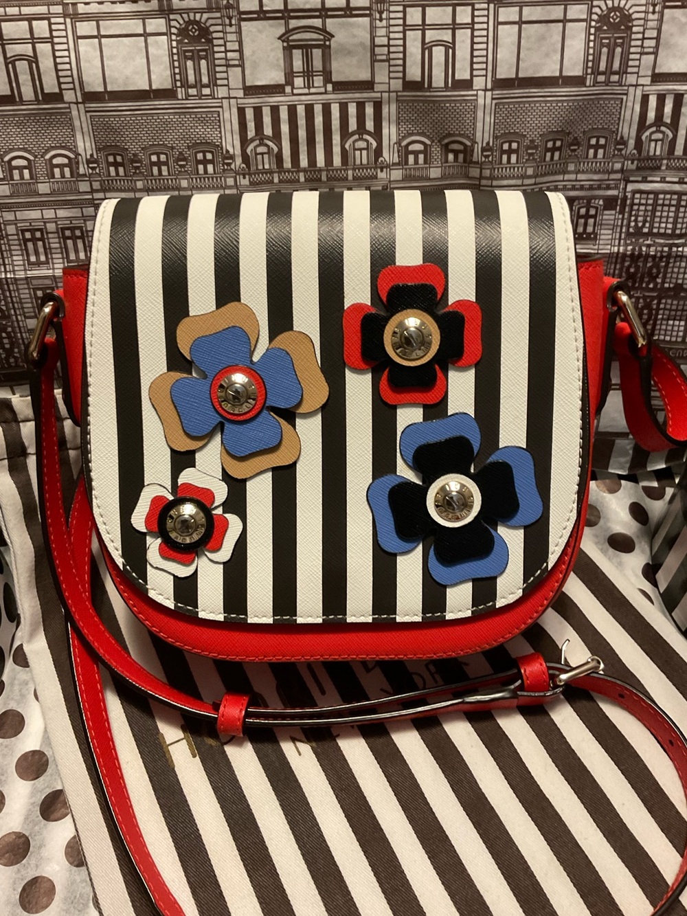 EUC Henri Bendel Bouquet Stripe Mini Saddle Bag w Dust Cover